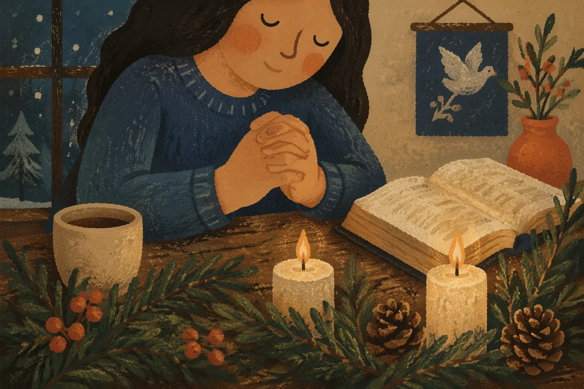 Candlelit Prayer Hands with Evergreen Devotion