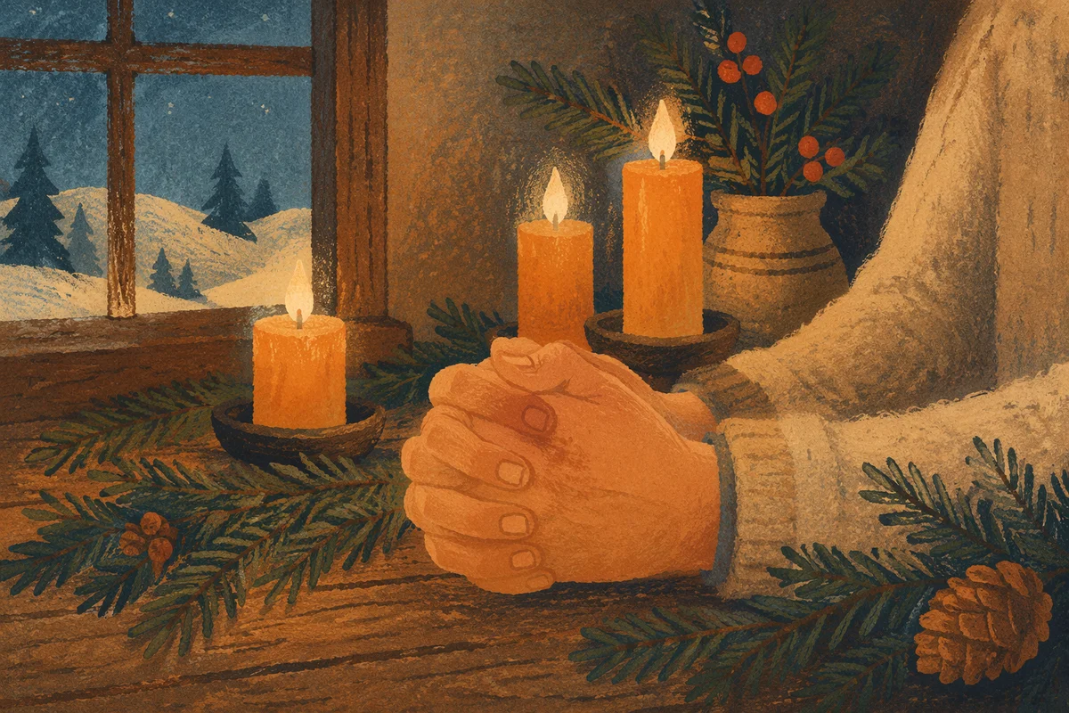 Candlelit Prayer Hands with Evergreen Sprigs
