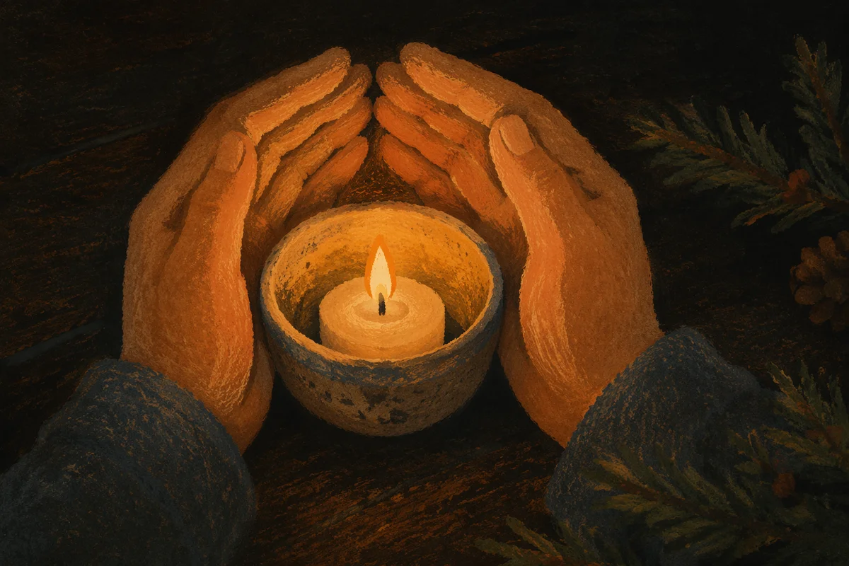Prayer Hands Holding Candlelight with Evergreen