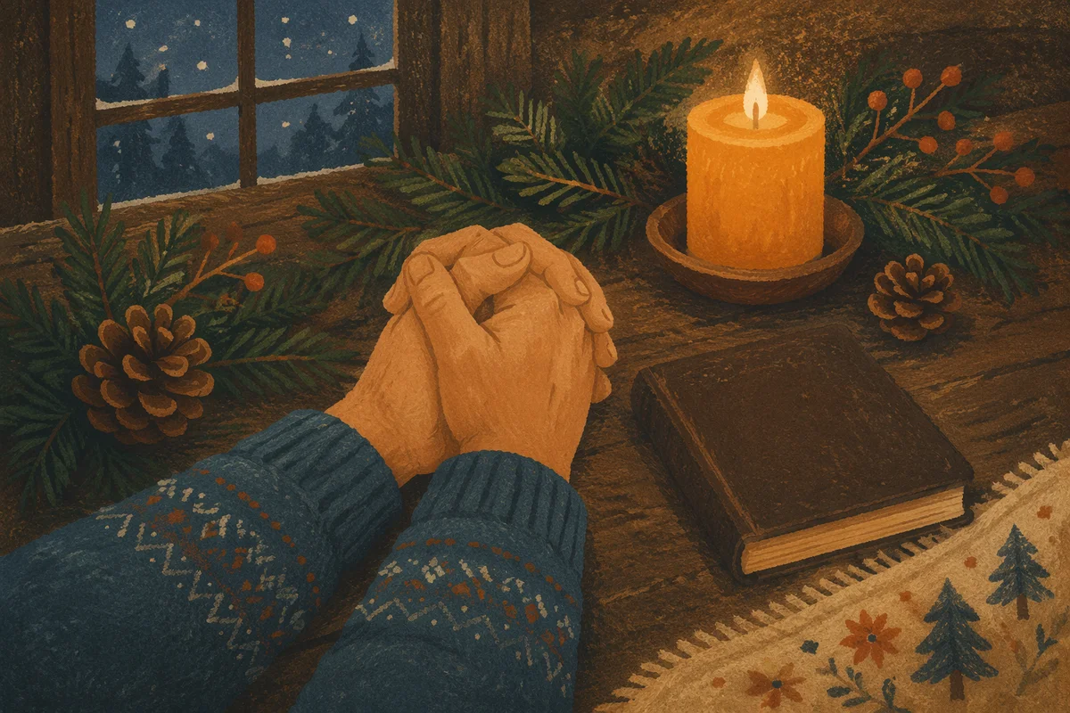 Candlelit Prayer Hands with Evergreen