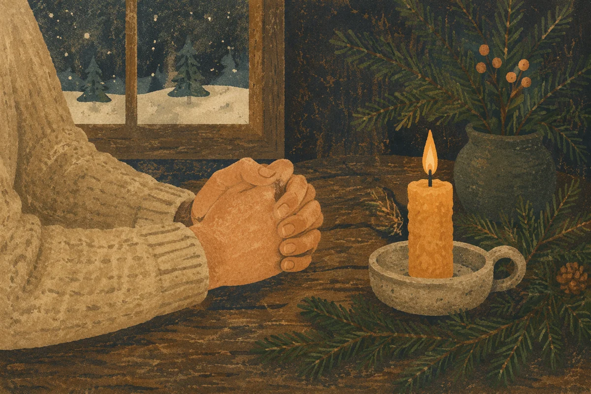 Candlelit Prayer Hands with Evergreen Sprigs