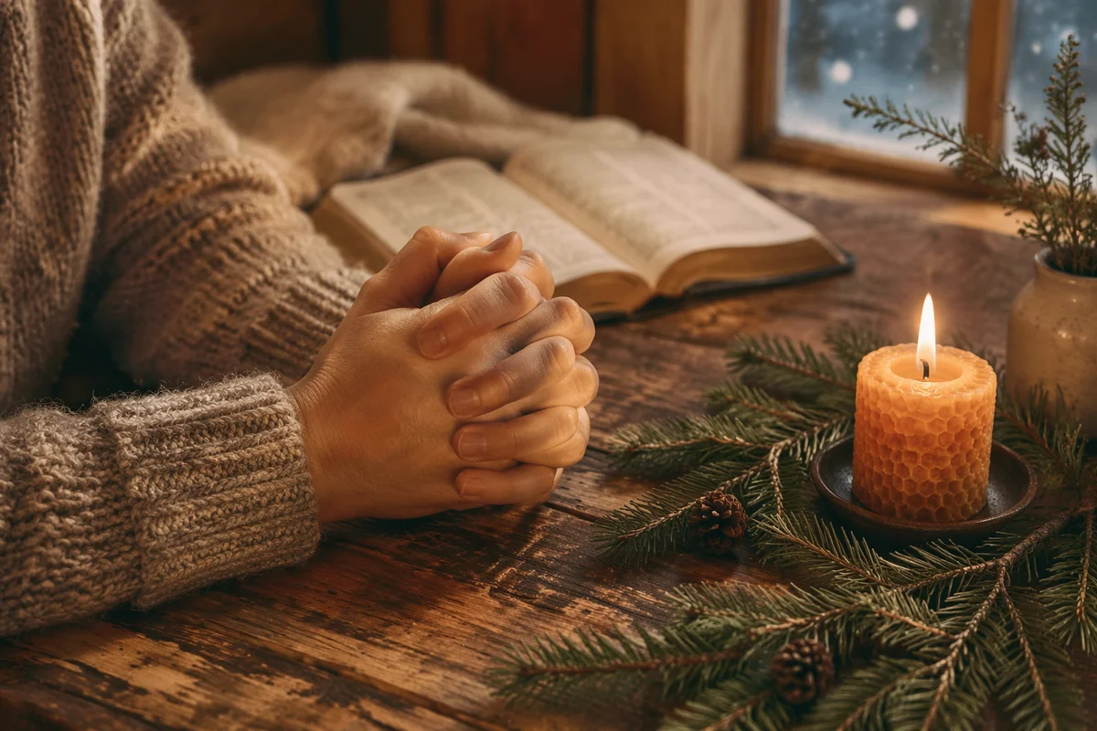 Folded Prayer Hands by Evergreen Candlelight