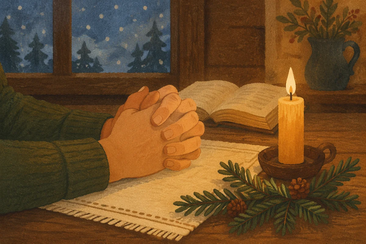 Candlelit Praying Hands with Evergreen Sprigs