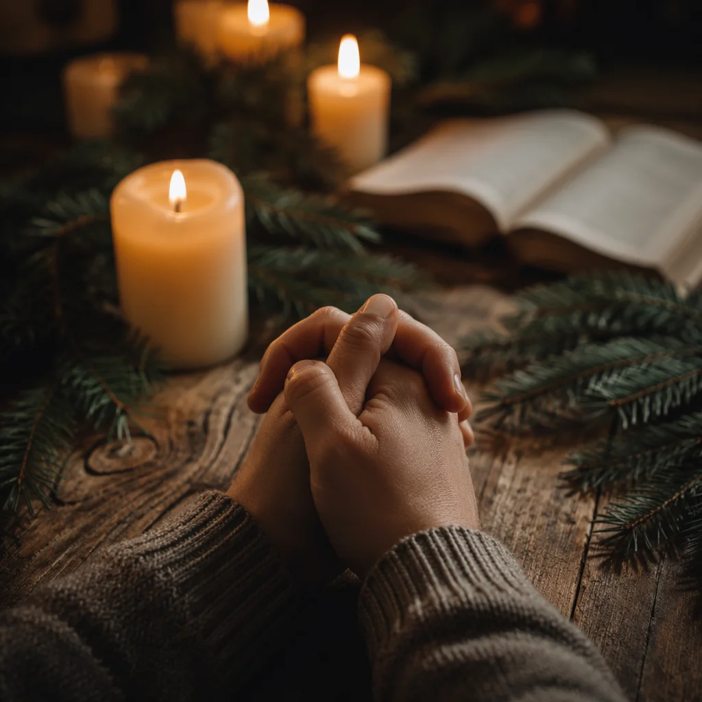 Candlelit Prayer Hands with Evergreen Sprigs