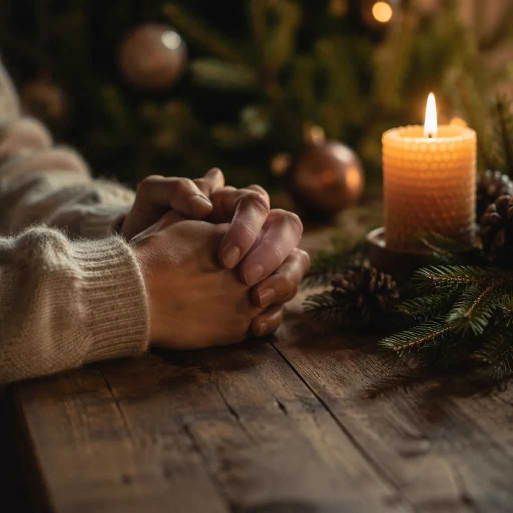 Folded Prayer Hands by Evergreen Candlelight