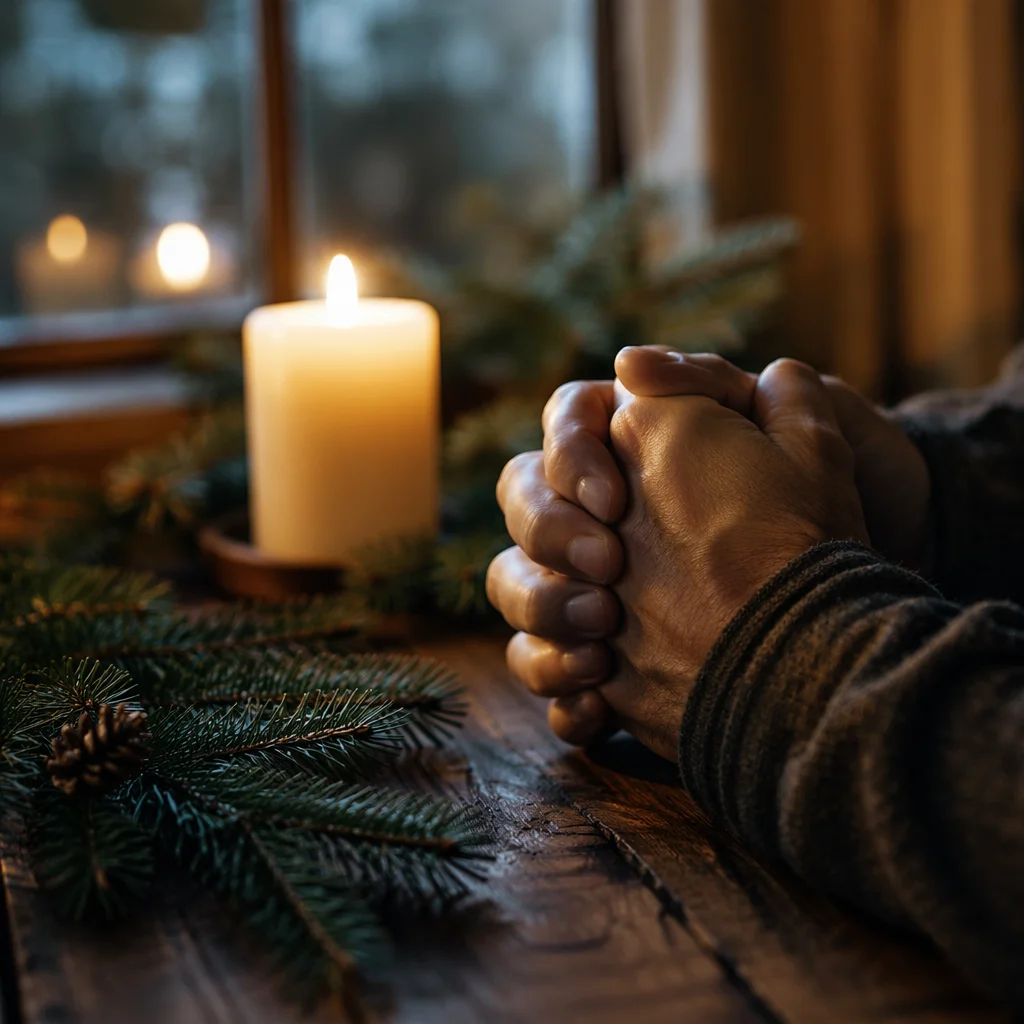 Candlelit Prayer Hands with Evergreen Sprigs