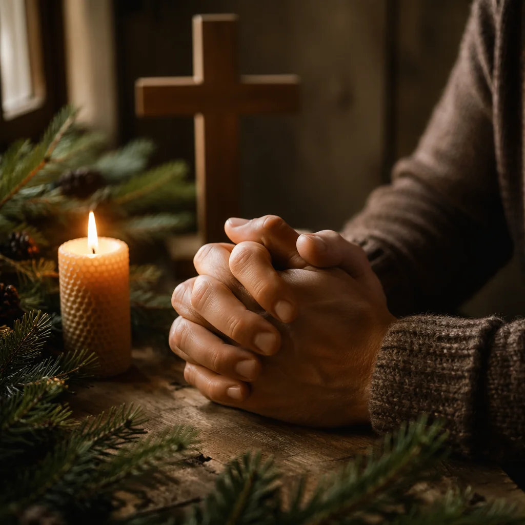 Candlelit Prayer Hands with Evergreen Sprigs