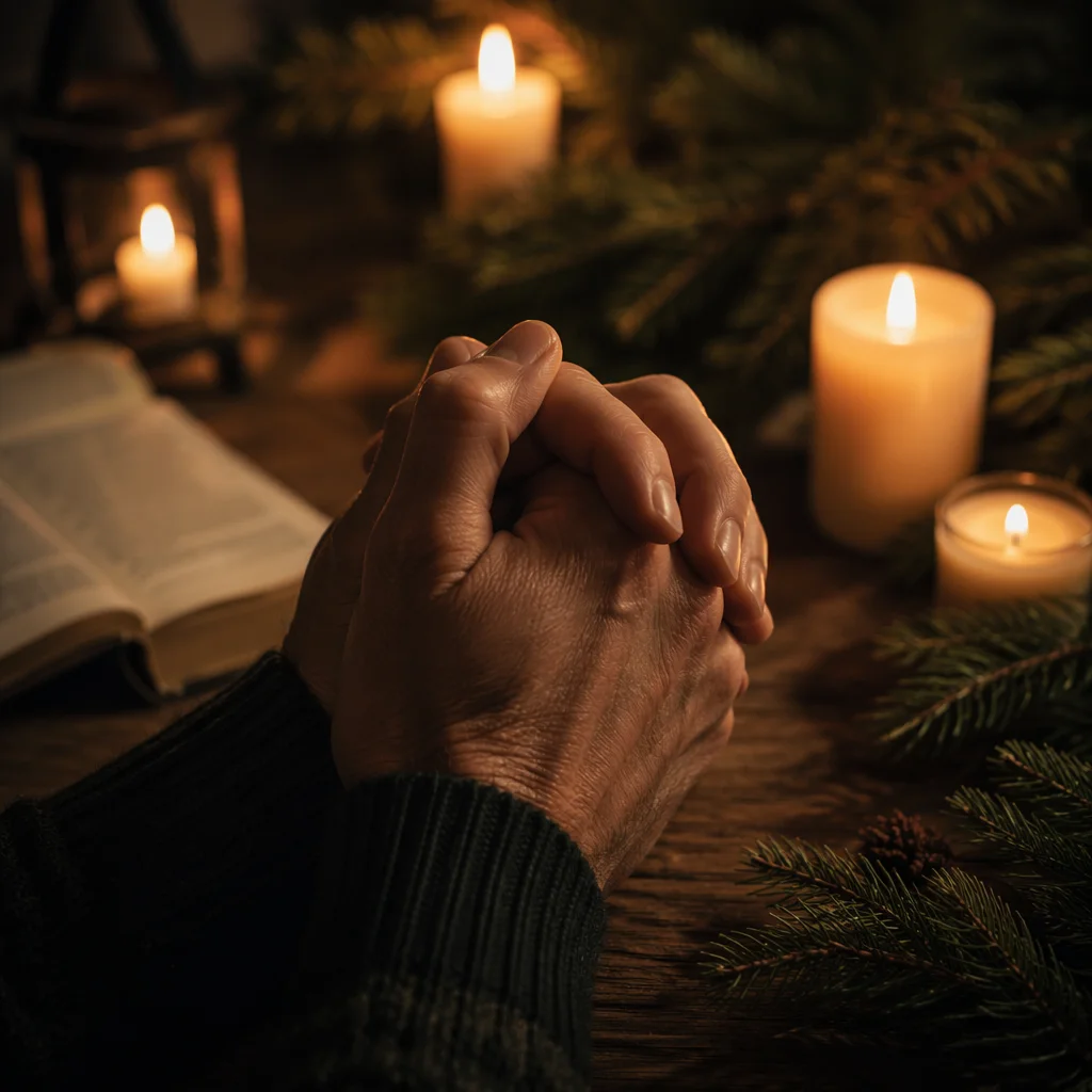 Candlelit Prayer Hands with Evergreen Sprigs