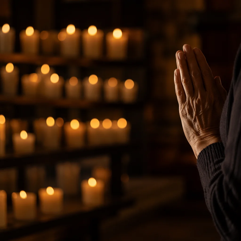 Folded Hands in Candlelit Prayer