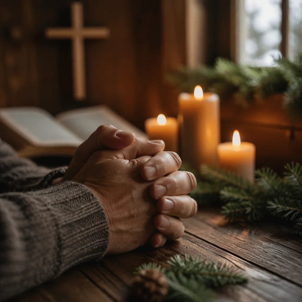 Candlelit Praying Hands with Evergreen Sprigs