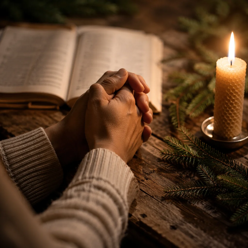 Prayer Hands by Candlelight with Evergreen
