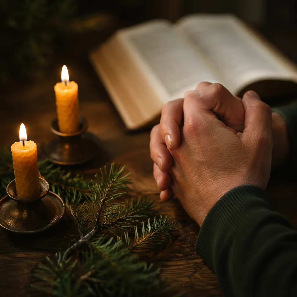 Candlelit Prayer Hands with Evergreen Sprigs