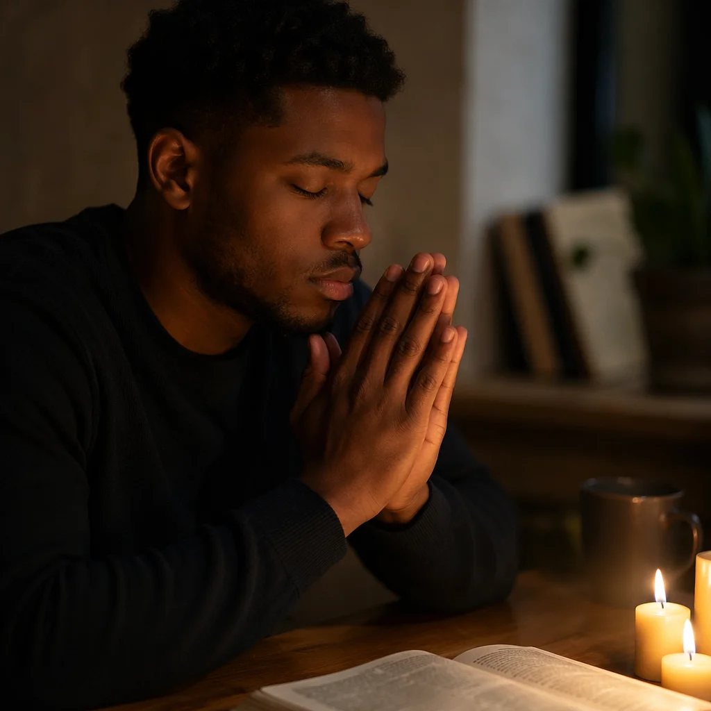 Young Man Praying by Candlelight