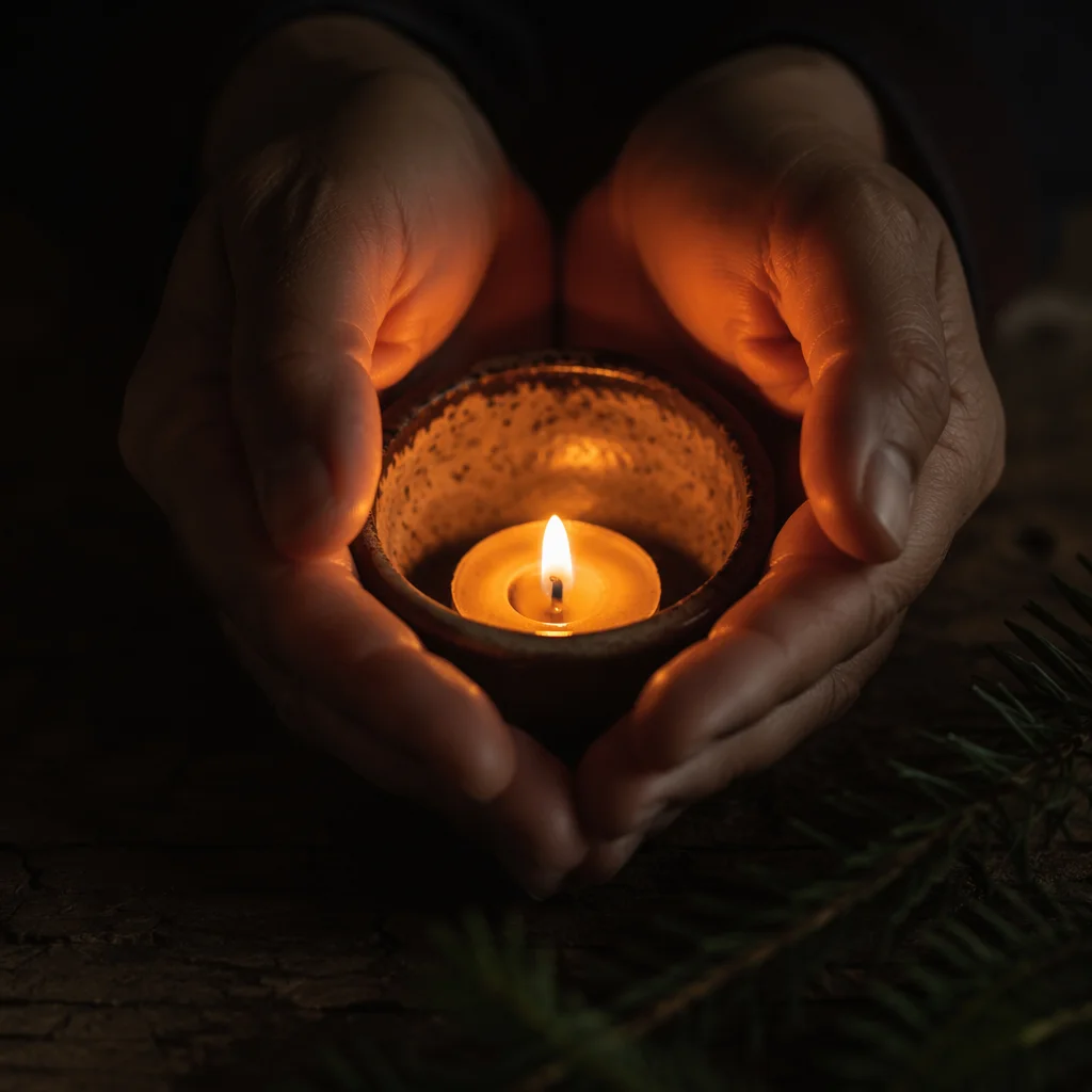 Prayer Hands Around Candlelight with Evergreen