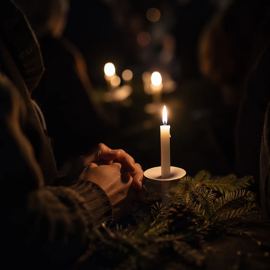 Candlelit Folded Hands in Winter Prayer