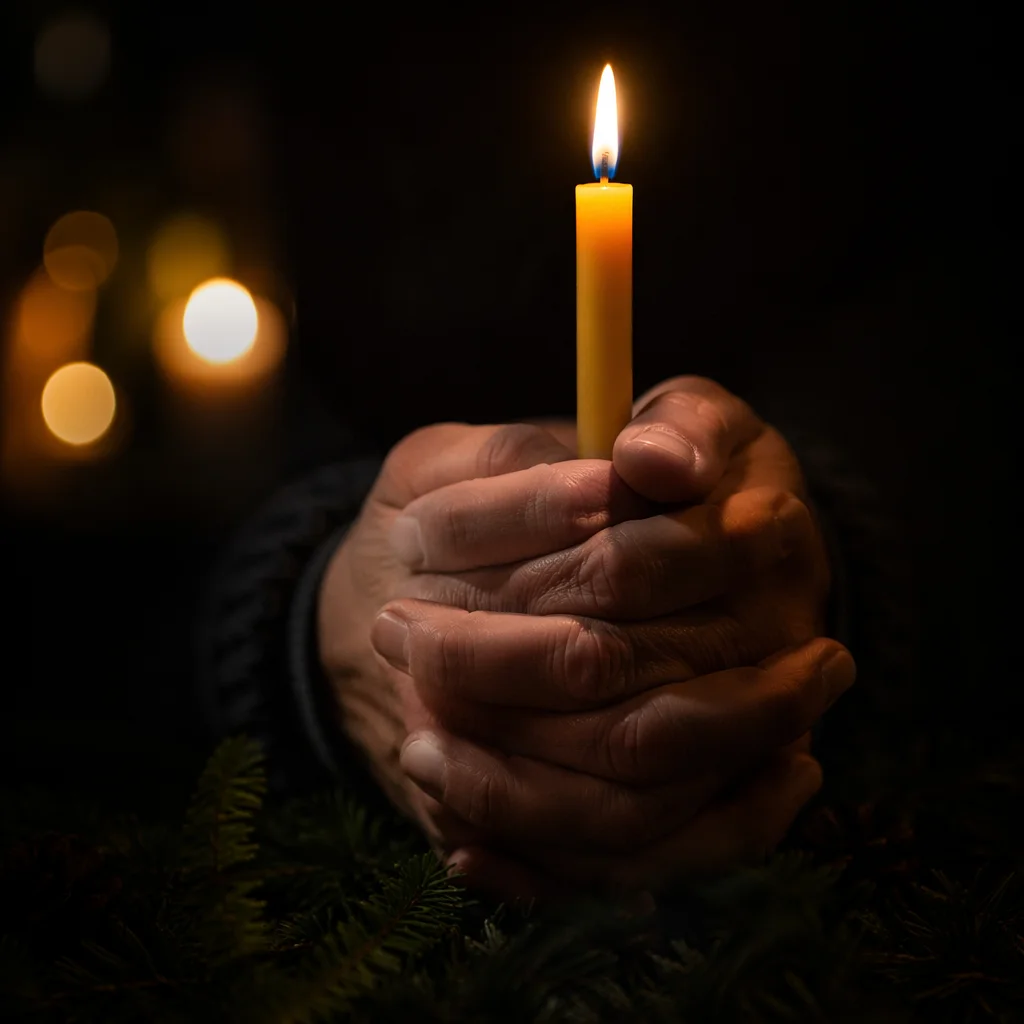 Candlelit Prayer Hands with Evergreen Sprigs
