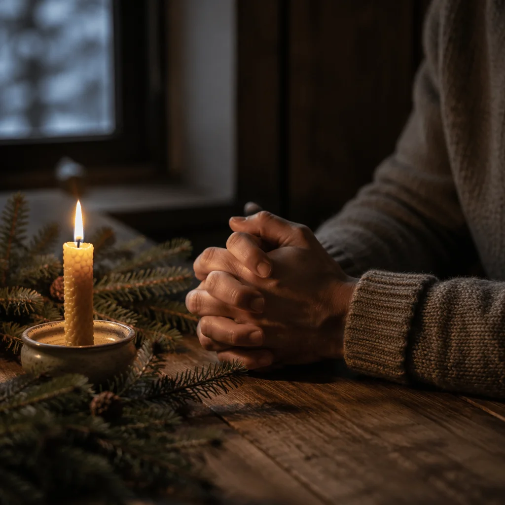 Candlelit Prayer Hands with Evergreen Sprigs