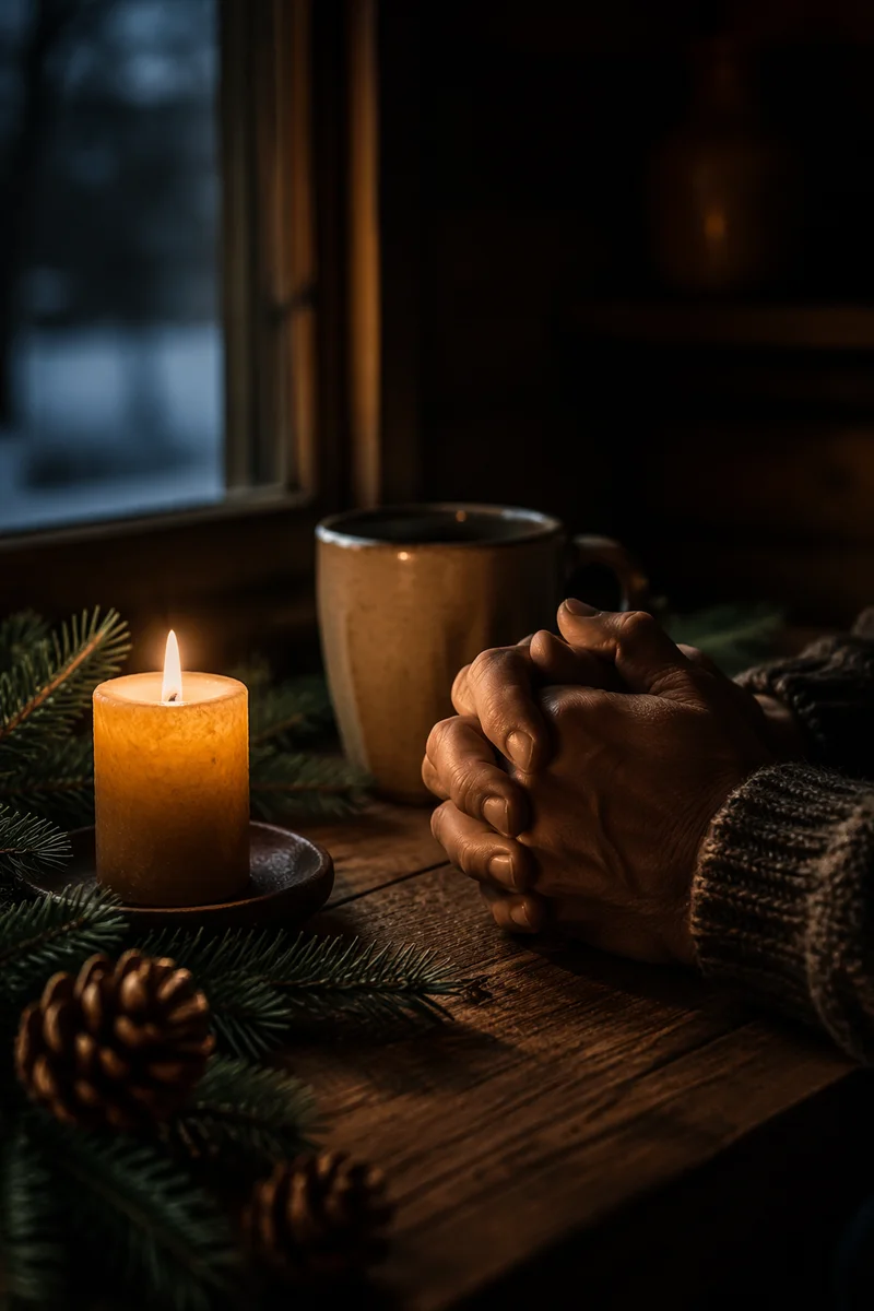 Folded Hands Beside Candle and Evergreens