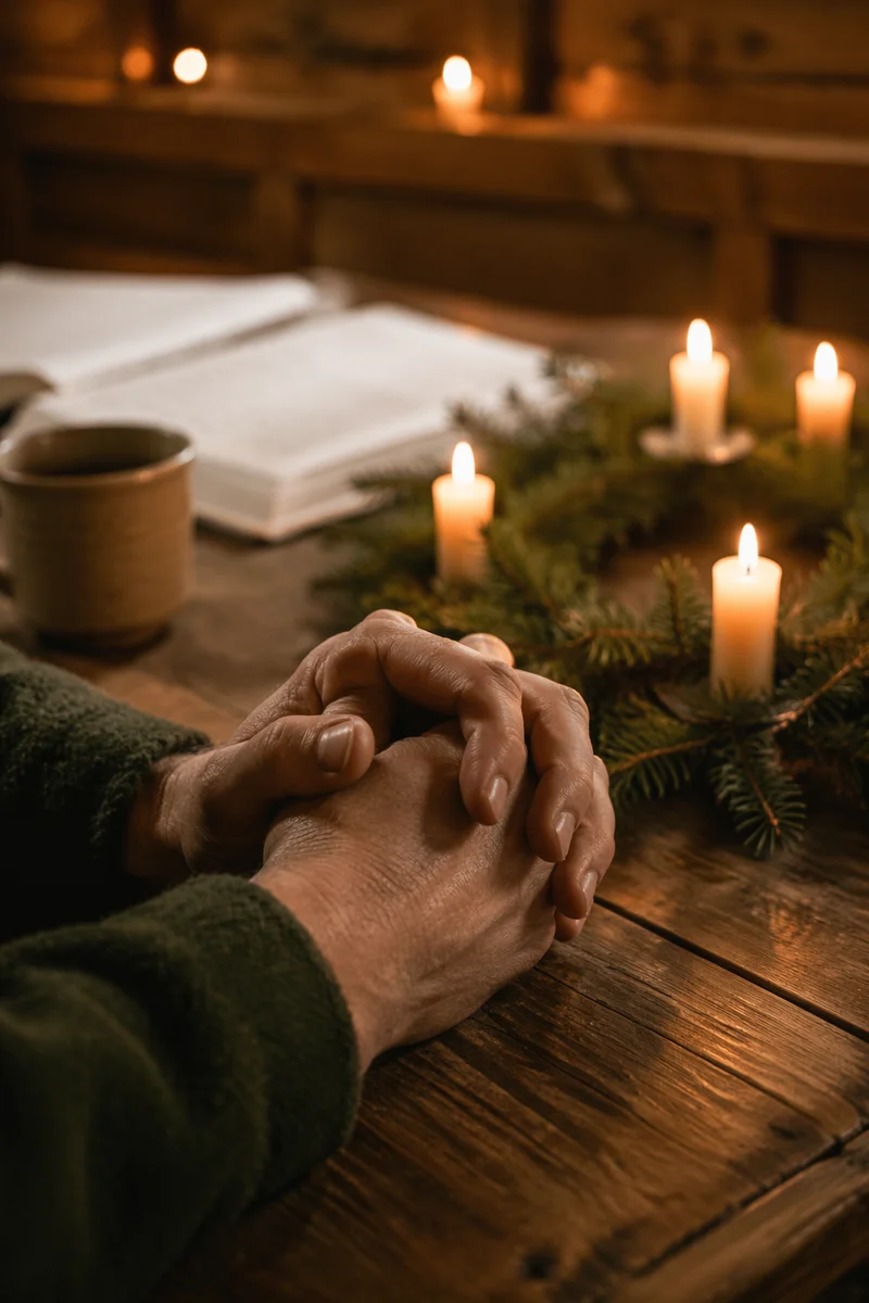 Candlelit Hands Praying Beside Evergreen Wreath