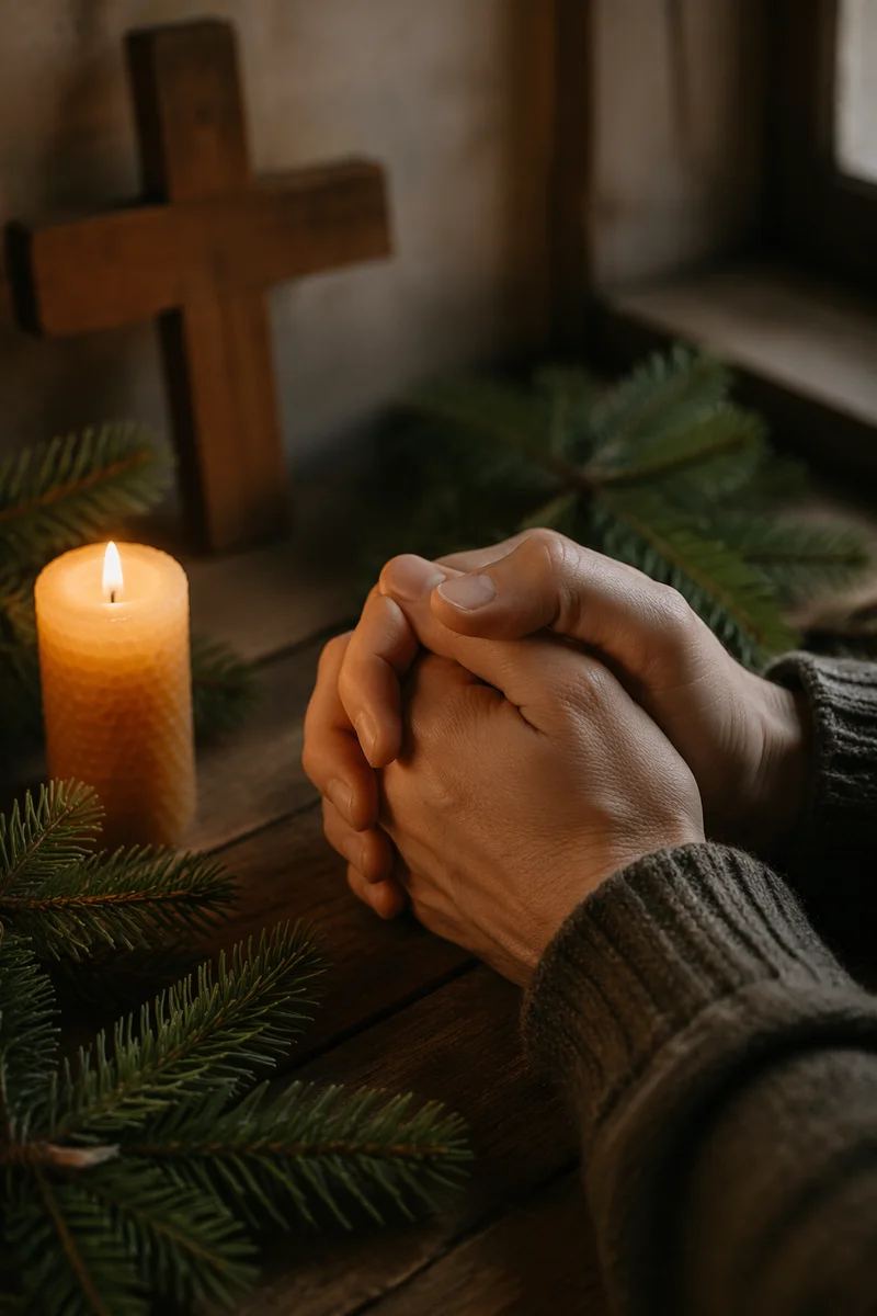 Candlelit Praying Hands with Evergreen Sprigs