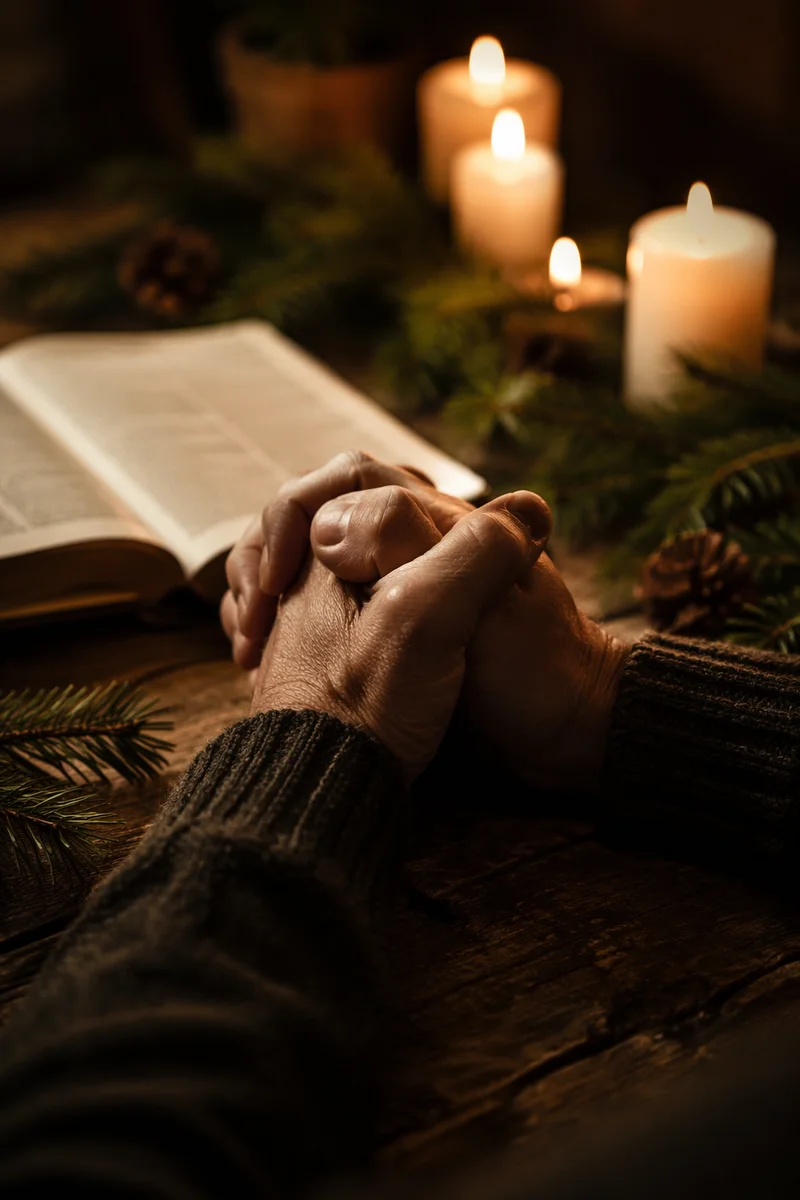 Candlelit Praying Hands with Evergreen Devotion