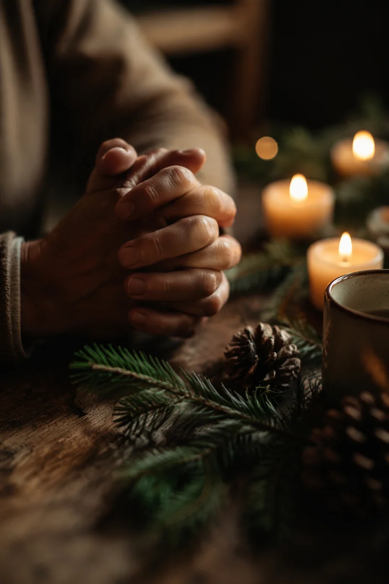 Folded Prayer Hands by Candlelight Evergreen