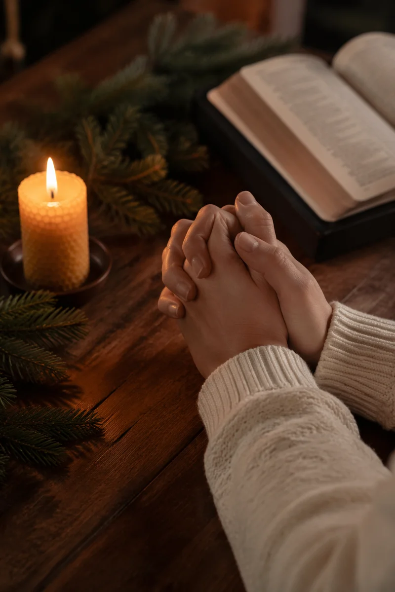Candlelit Hands Praying With Evergreen Sprigs