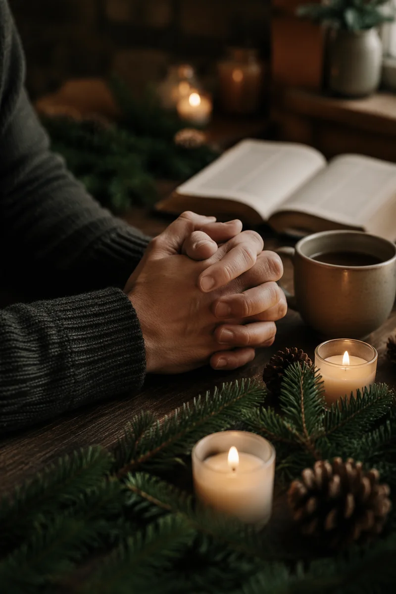 Folded Hands Praying by Candlelit Evergreens
