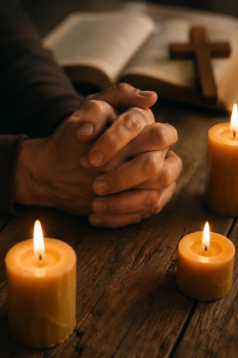 Folded Prayer Hands in Warm Candlelight