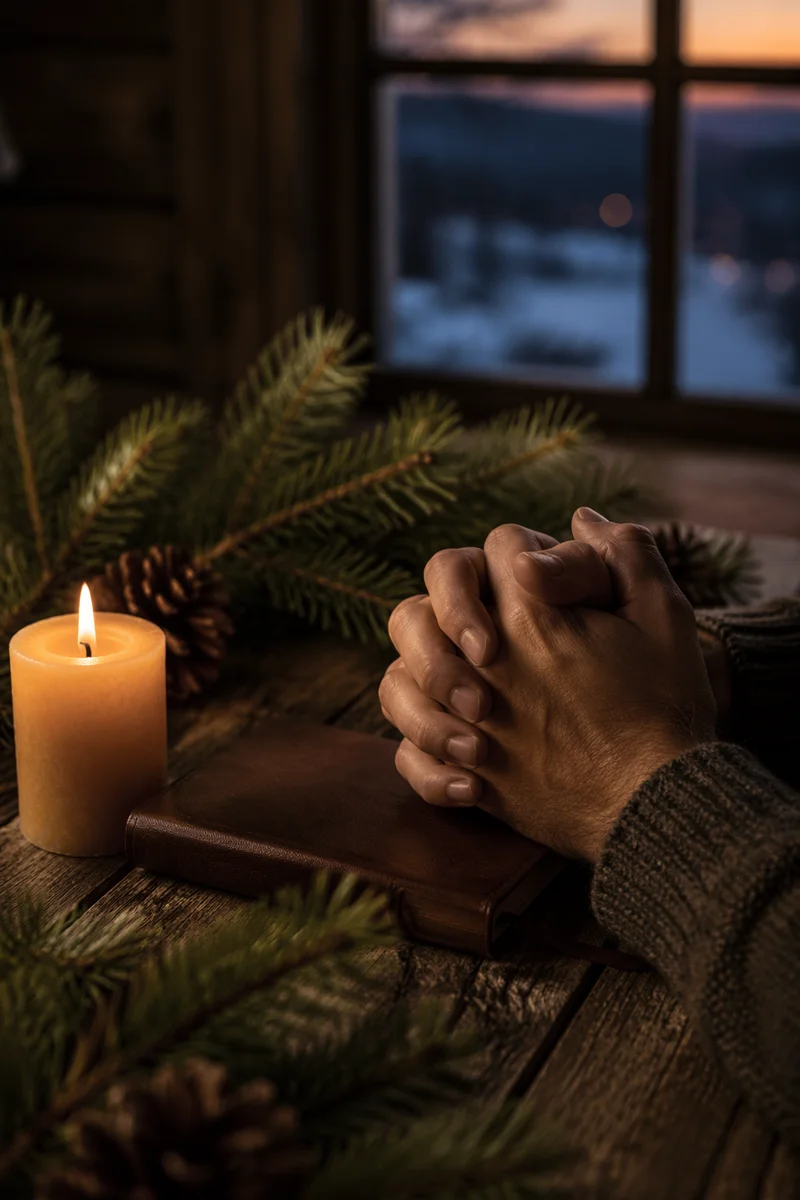 Candlelit Prayer Hands with Evergreen