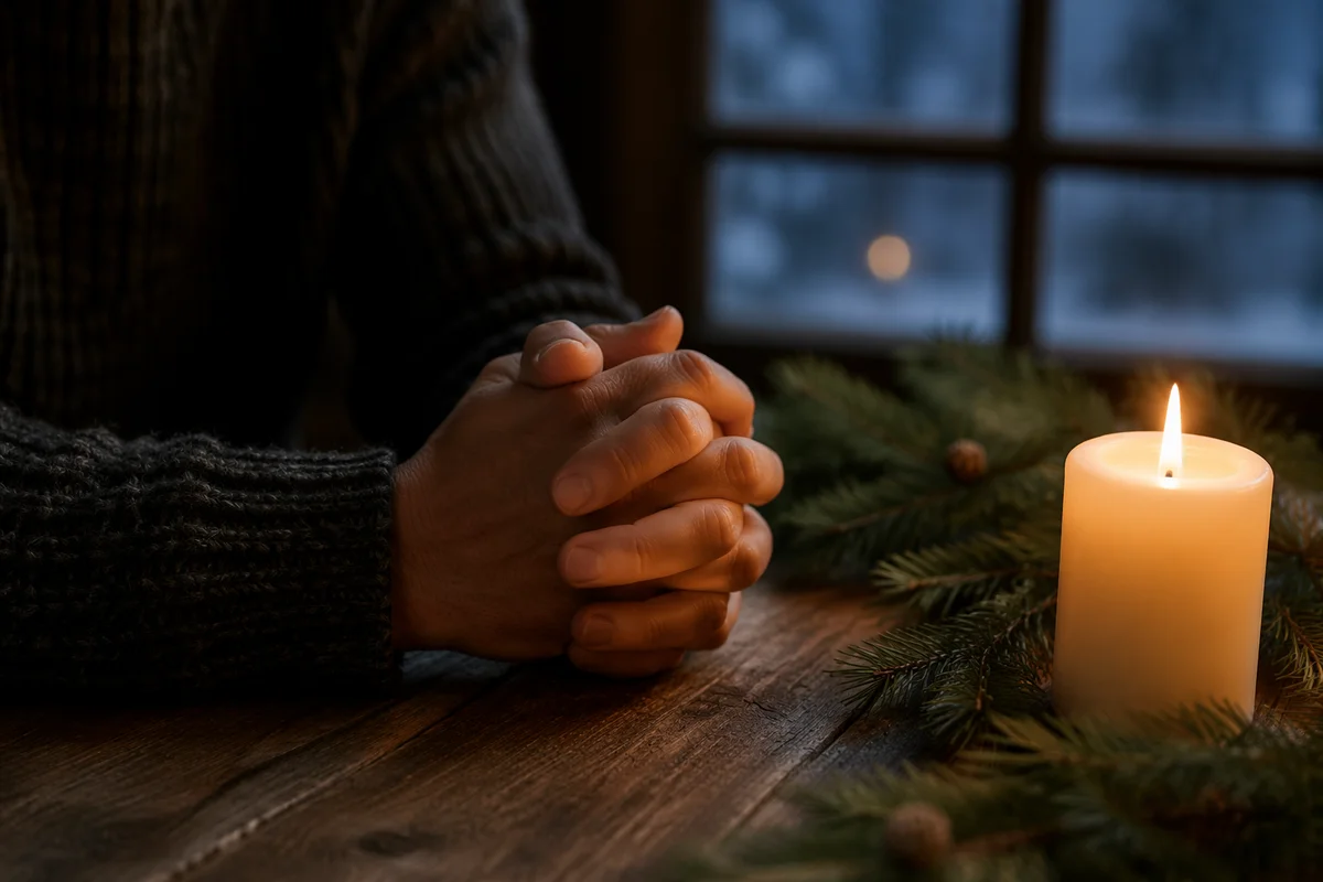 Candlelit Prayer Hands with Evergreen Sprigs