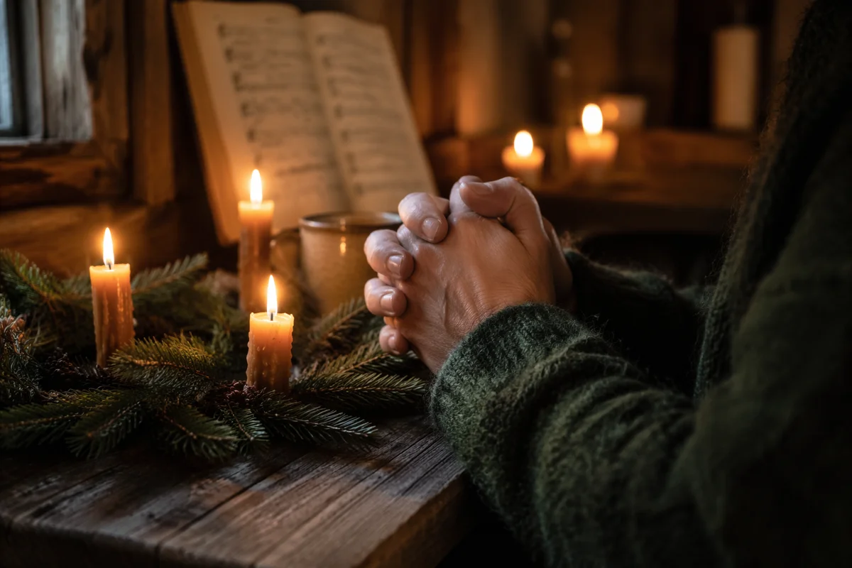 Folded Hands in Candlelit Evergreen Prayer