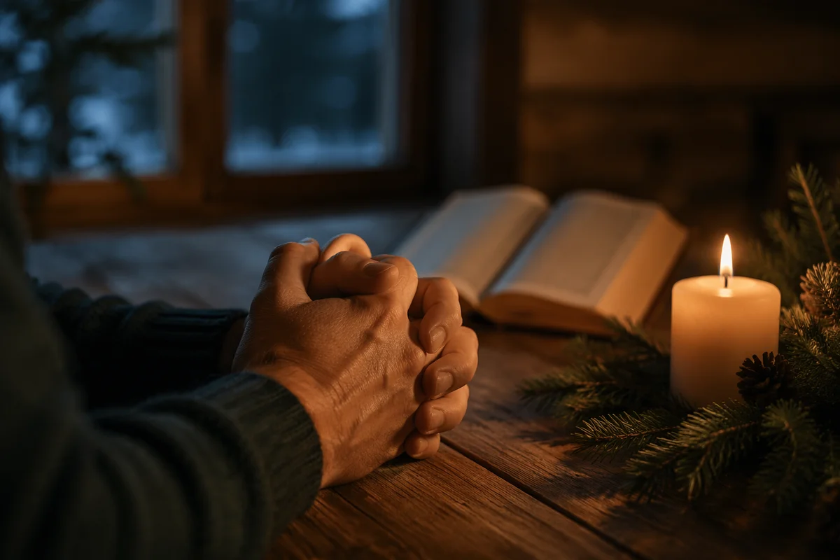 Candlelit Prayer Hands with Evergreen Sprigs