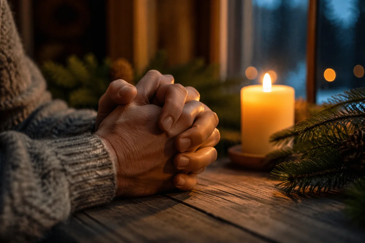Candlelit Prayer Hands with Evergreen Sprigs