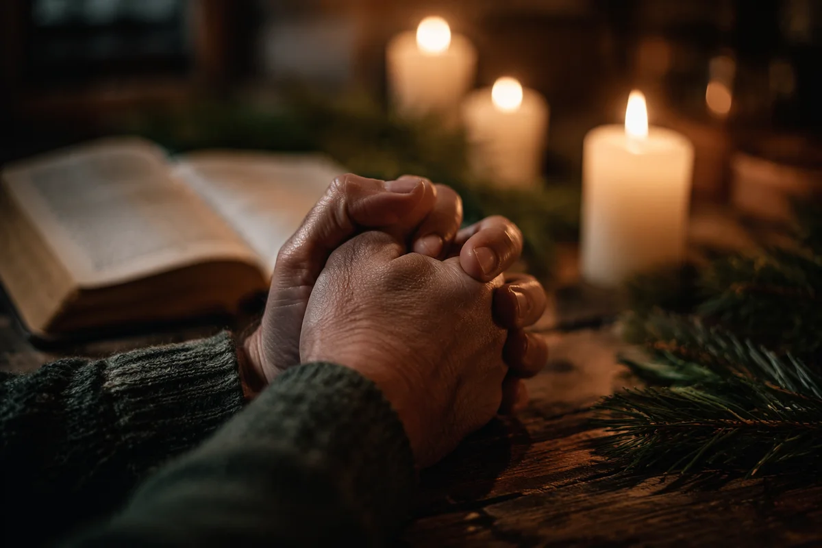 Folded Prayer Hands by Evergreen Candlelight