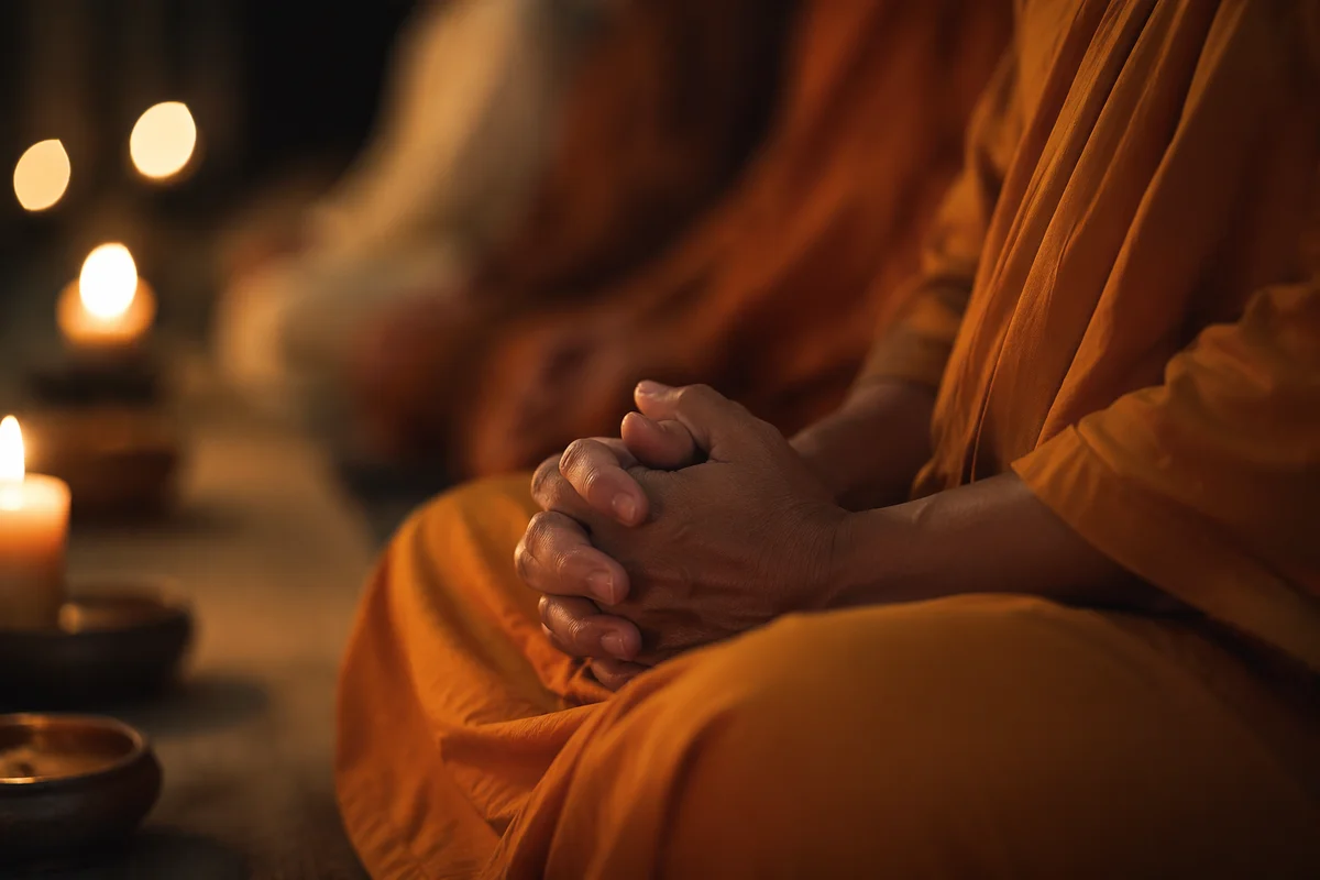 Folded Hands in Candlelit Prayer