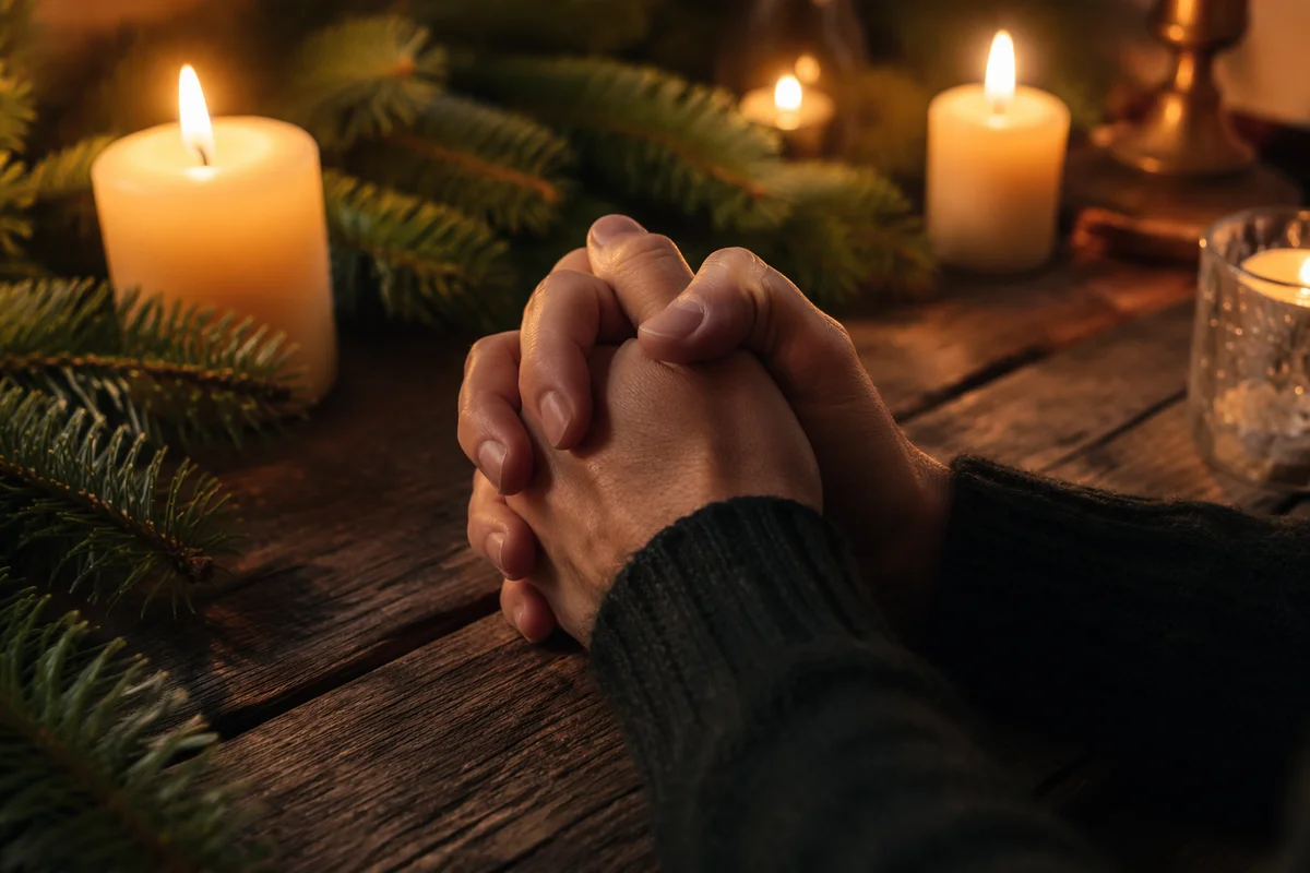 Candlelit Prayer Hands with Evergreen Sprigs
