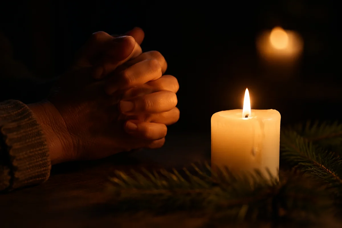 Hands Folded in Prayer by Candlelight