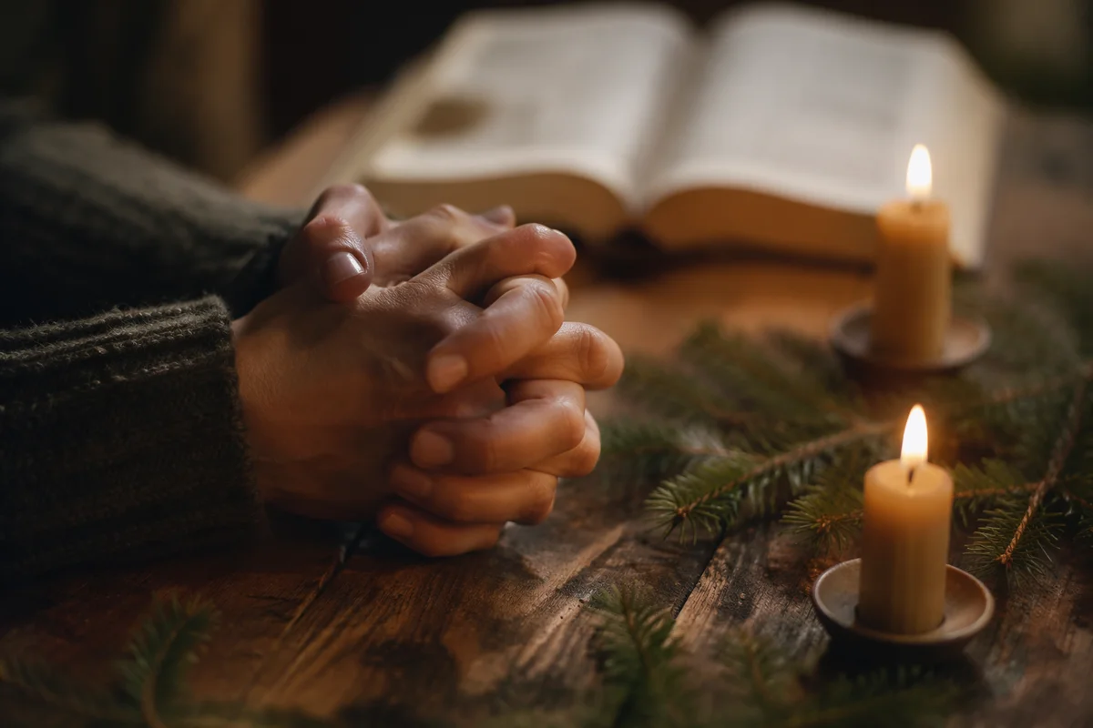 Candlelit Praying Hands with Evergreen Sprigs