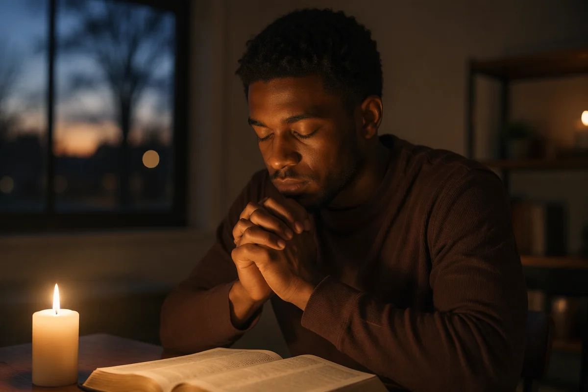 Man Praying by Candlelight at Table