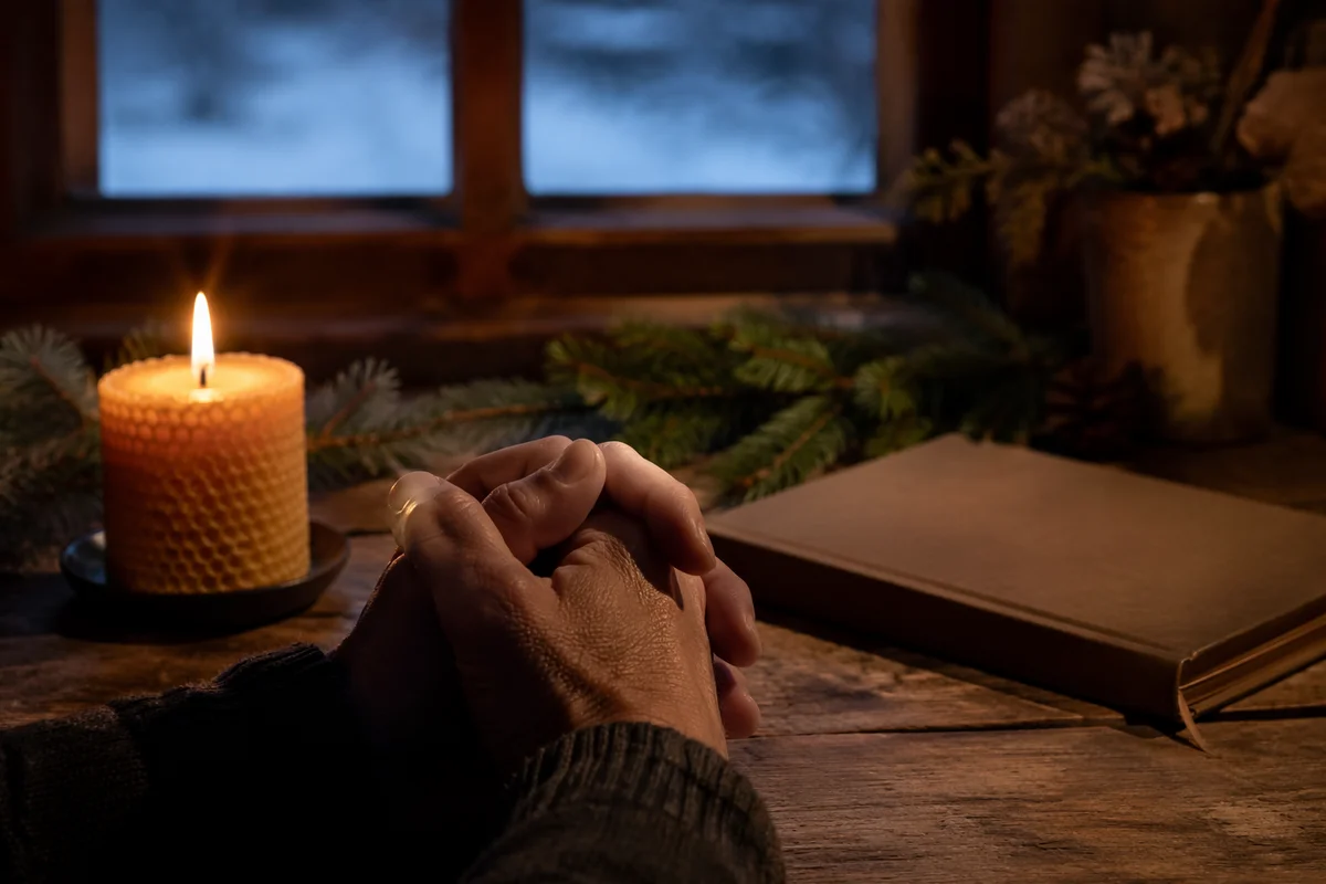 Candlelit Prayer Hands with Evergreen Sprigs