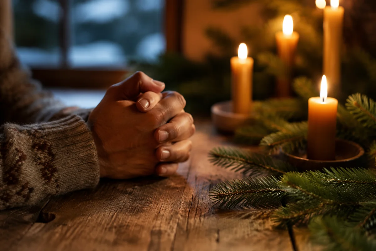 Praying Hands by Candlelit Evergreen Table