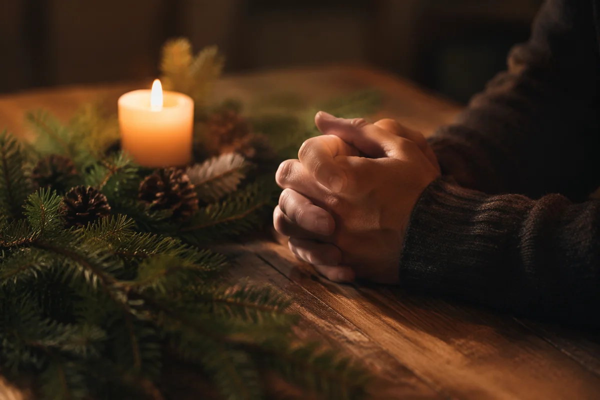 Candlelit Prayer Hands with Evergreen Sprigs