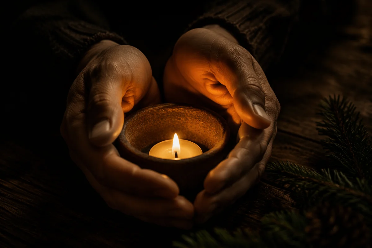 Candlelit Prayer Hands with Evergreen Sprigs