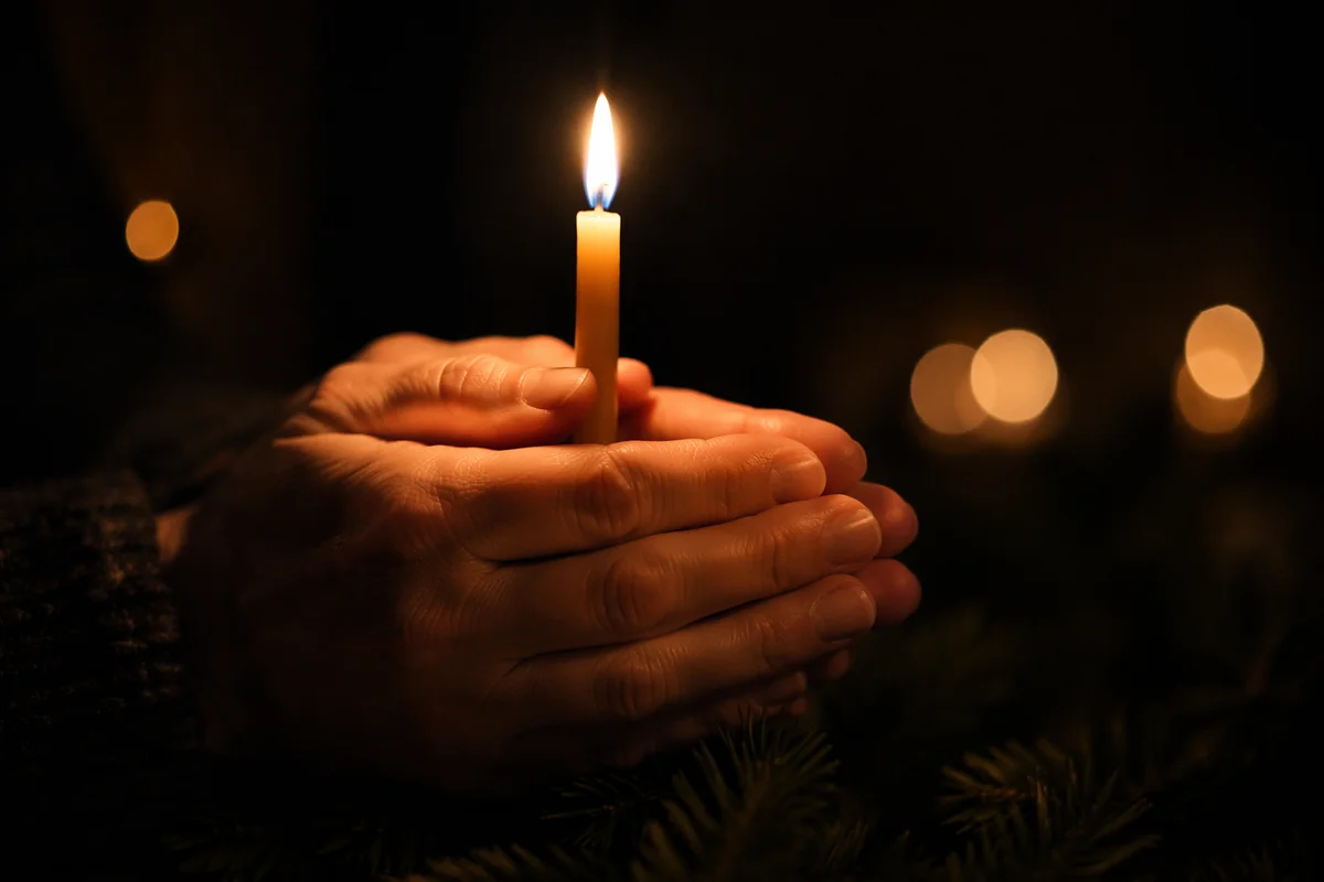 Prayerful Hands Holding Candle in Evergreen Glow