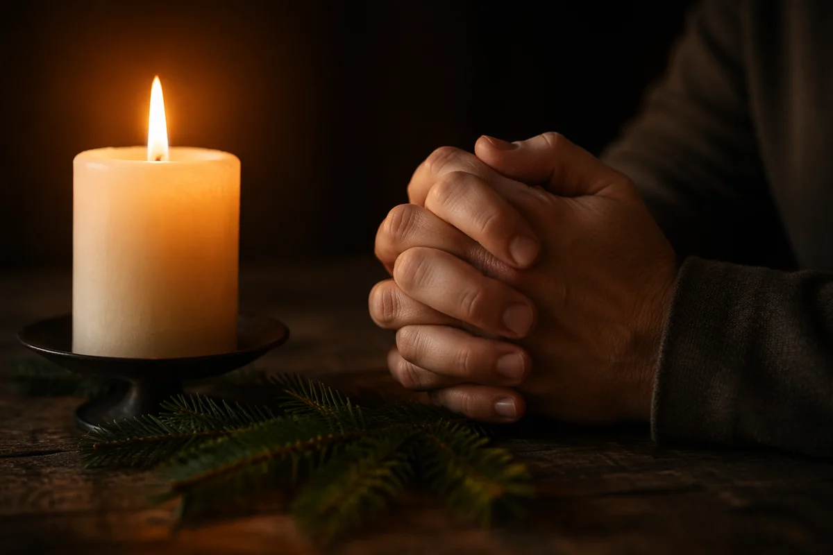 Candlelit Praying Hands With Evergreen Sprig