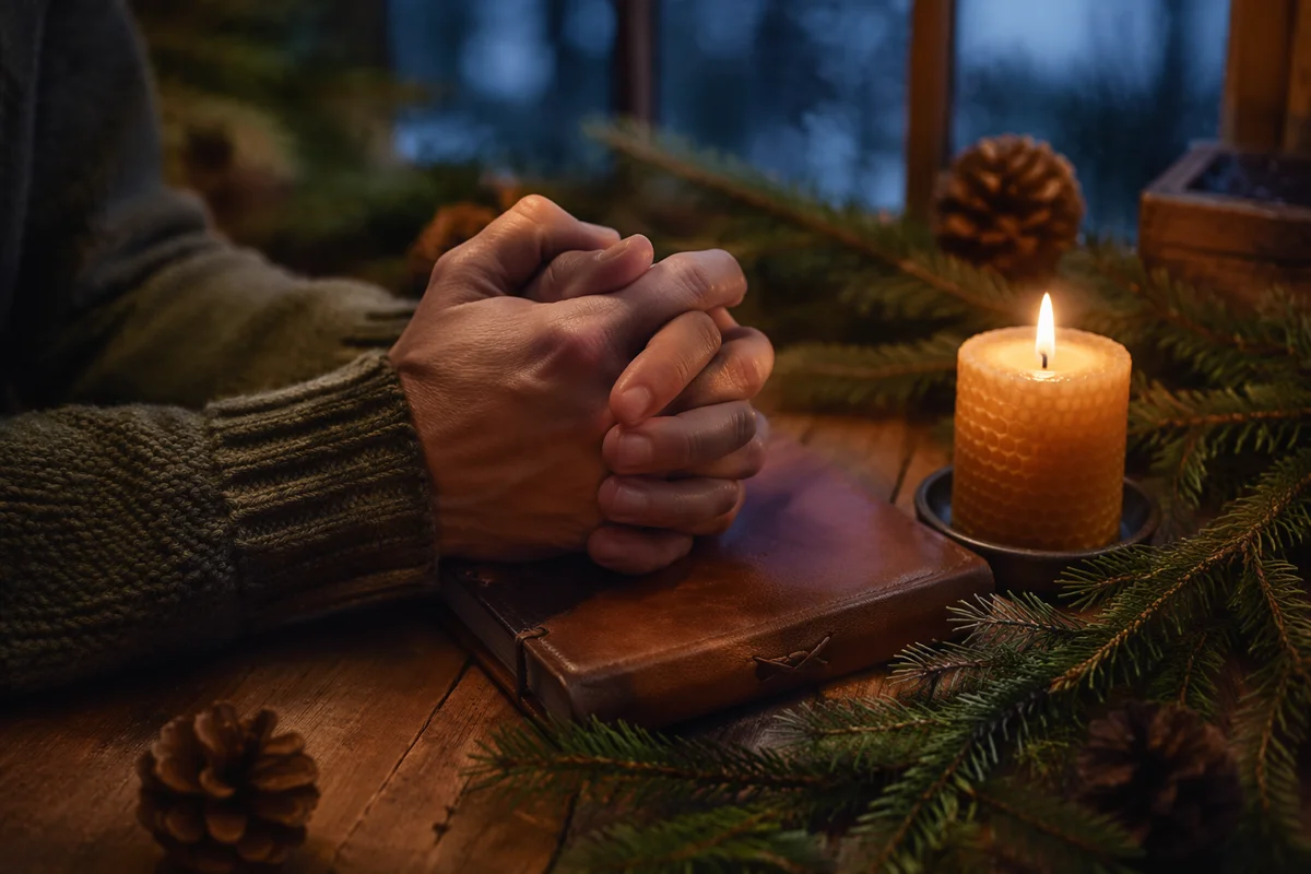 Candlelit Prayer Hands with Evergreen Sprigs