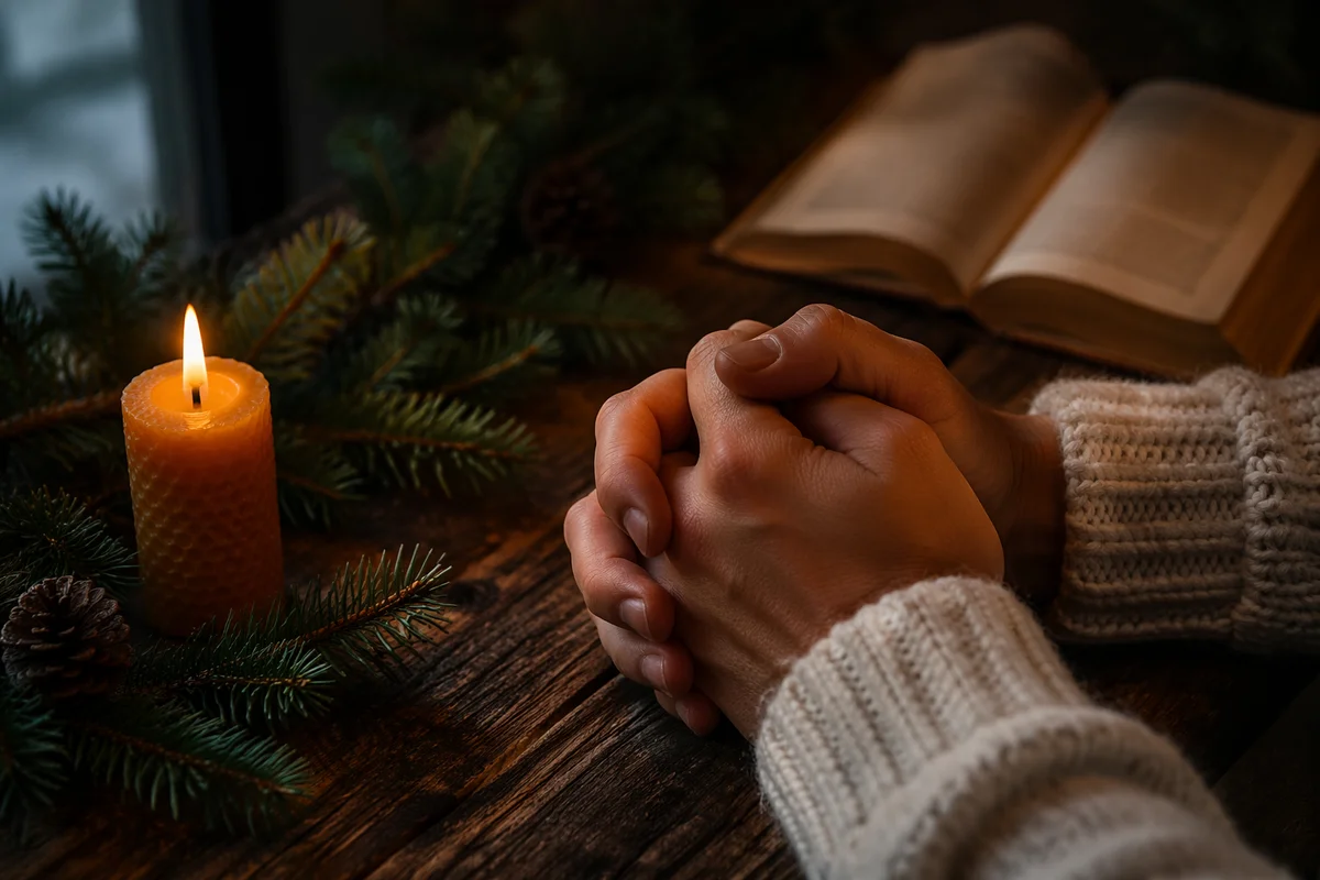 Folded Prayer Hands in Evergreen Candlelight