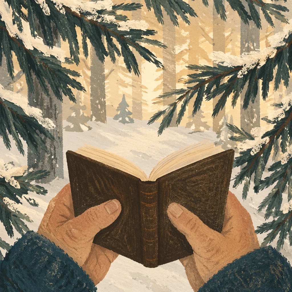 Weathered Hands Holding Bible in Snowy Evergreens