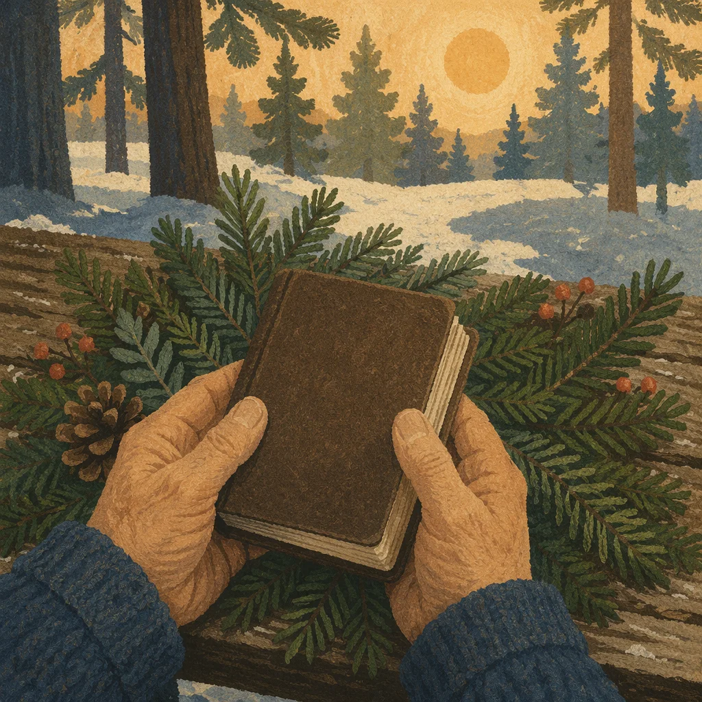Weathered Hands Holding Bible Among Evergreens